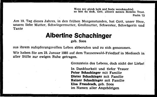 Soos Albertine 1906-1985 Todesanzeige